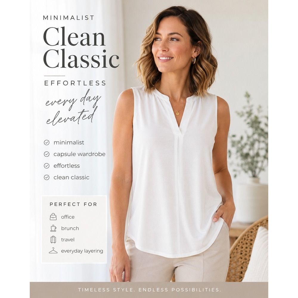 White Sleeveless Split Neck Flowy Blouse Minimalist Workwear Clean Girl Coastal